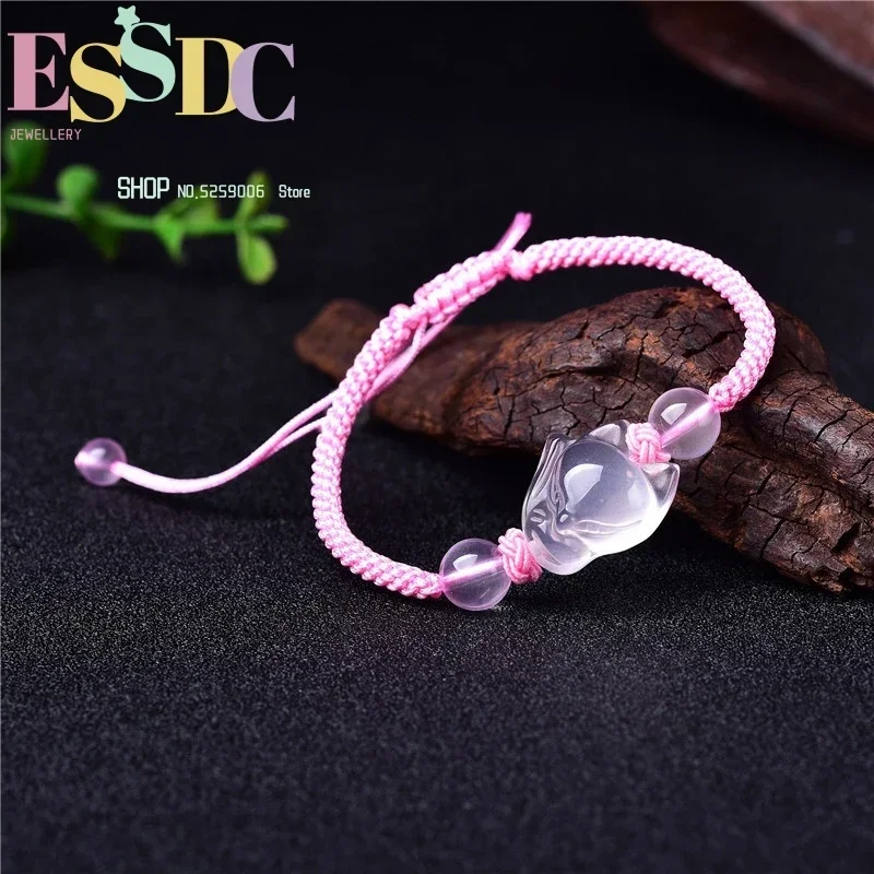 Natural Pink Crystal  Woven Bracelet Women Fox Accessories Hand-Knitted Rope  Jewelry Wholesale
