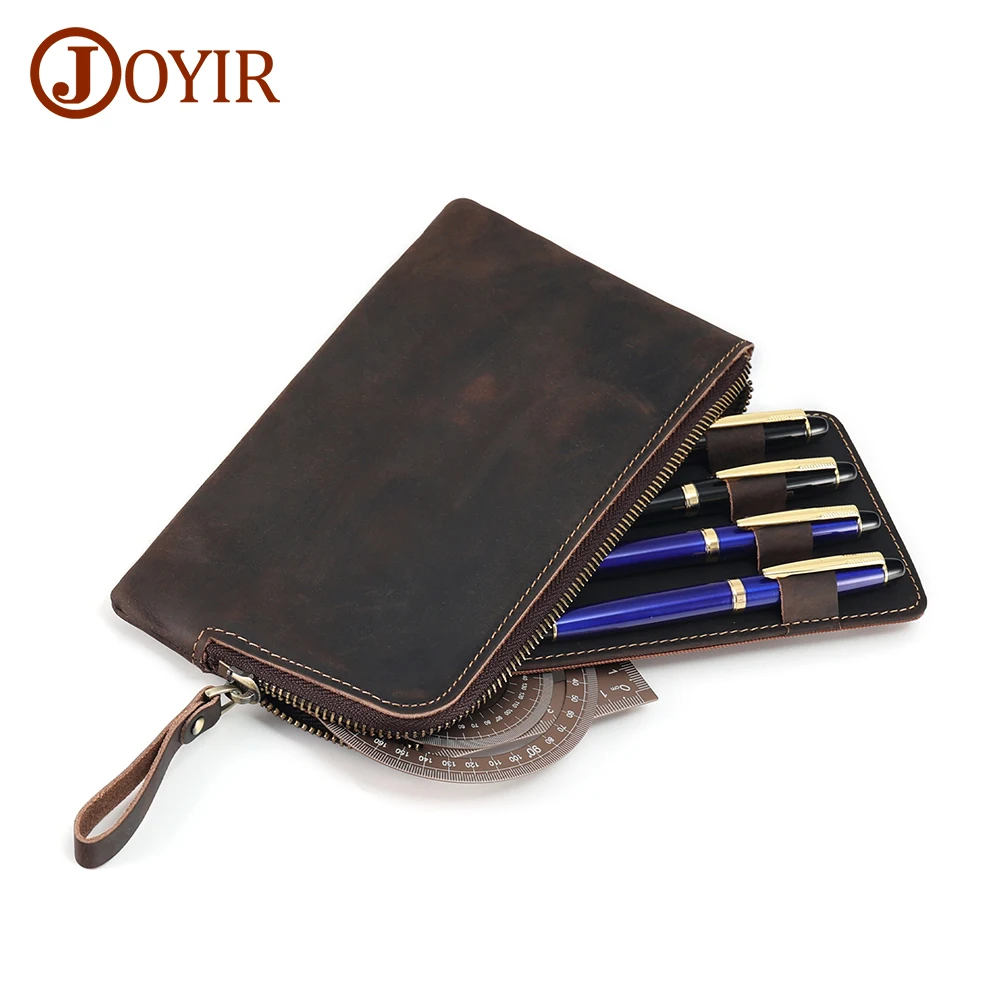 JOYIR Genuine Leather Multifunctional Stationery Zipper Pen Bag Vintage Pencil Box Handmade School Office Pen Gel Case Tray