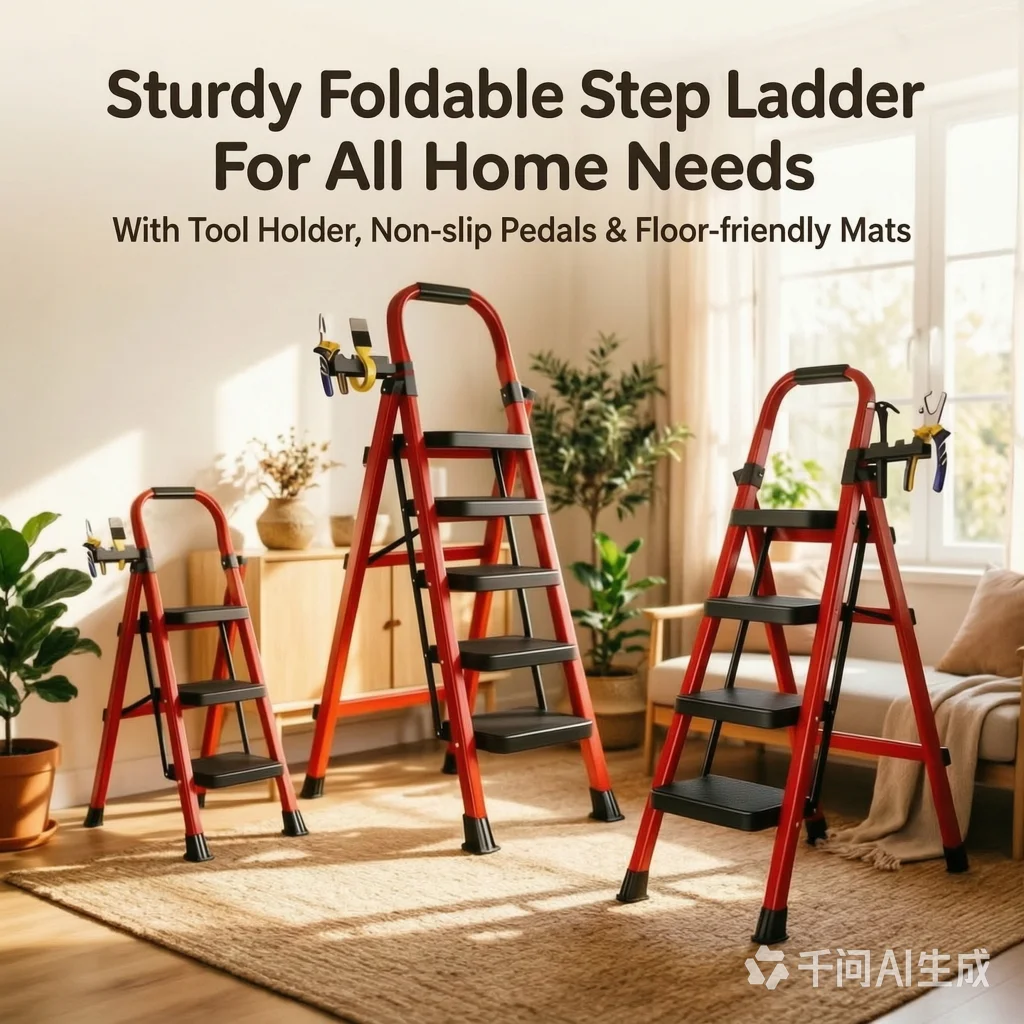 Sturdy Foldable Step Ladder with Tool Holder, Non-Slip Pedals & Floor-Friendly Mats - Multi-Size Home Use for Cleaning, Decorating & DIY Projects