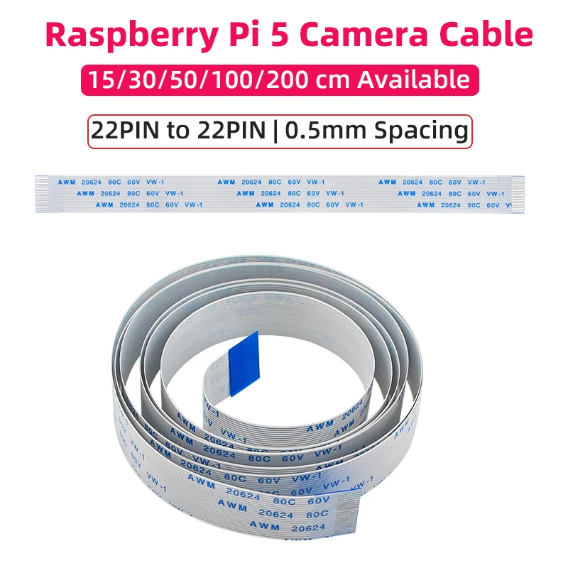 

Кабель камеры Raspberry Pi 5, 22-контактный на 22-контактный гибкий плоский кабель с интервалом 0,5 мм, дополнительно 15/30/50/100/200 см для RPi Zero/5