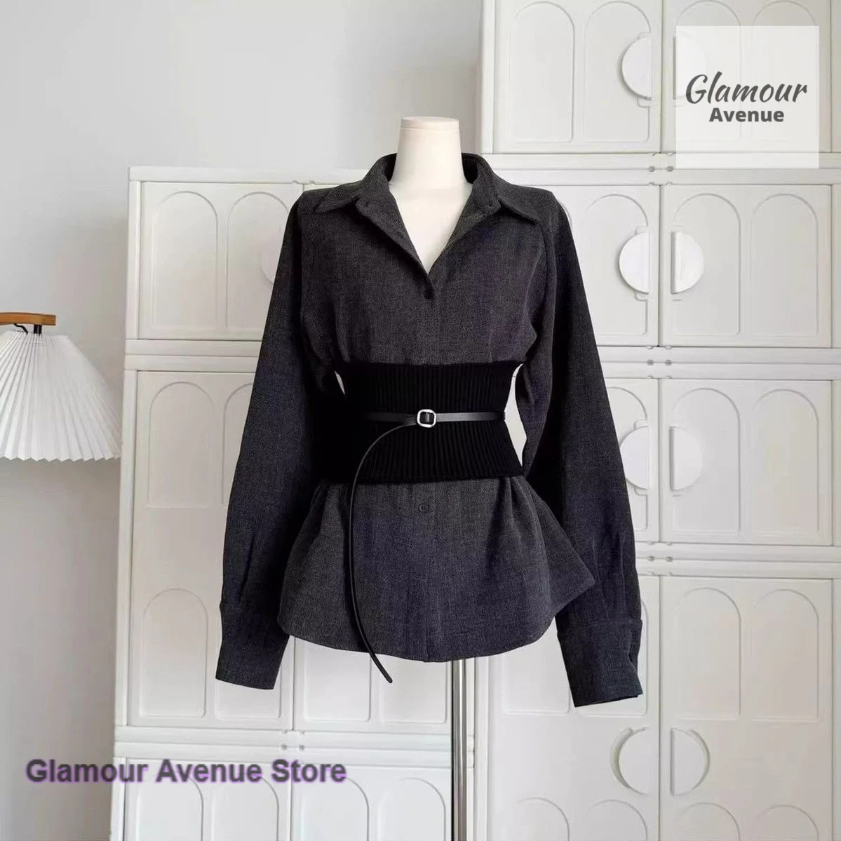 

Korean-style grey knitted waist-sealed waist-closed shirt women's spring and autumn new temperament and high sense Joker top