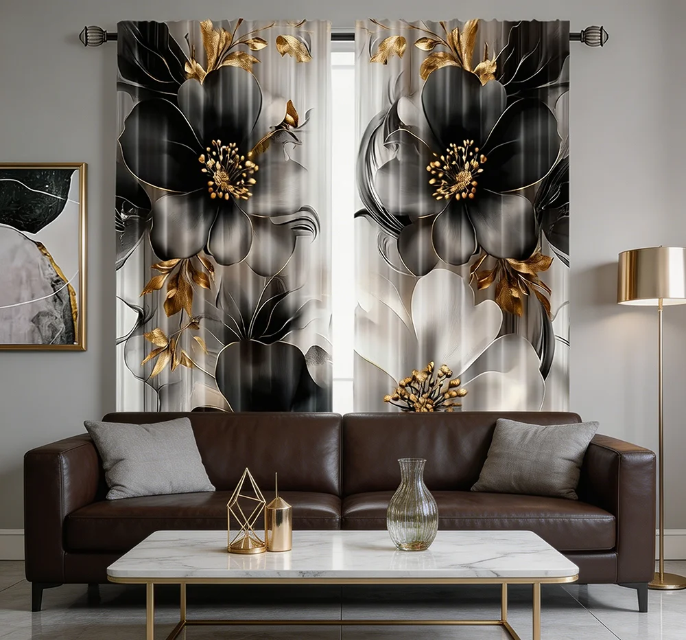 2PCS Digital Printed Curtains, Ink Gold Floral Pattern, Dark Romantic Luxury Style for Living Room Bedroom Apartment Decor