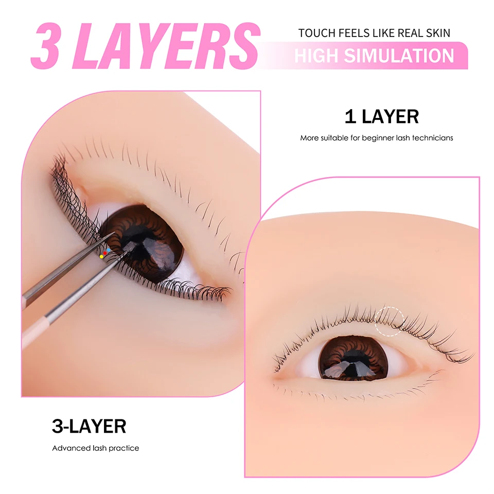 

3 Layers Lashes Reusable Mannequin Eyes Eyes Model Doll Face Head Eyelash Extension Training Simulated Silicone Eye Makeup Tools