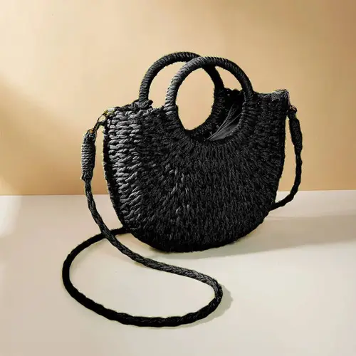 Bolso de playa semicircular de ratán para mujer, bolso con asa de gran capacidad, bolsos de playa de verano, bolso con asa tejida de viaje, bolso de hombro bohemio