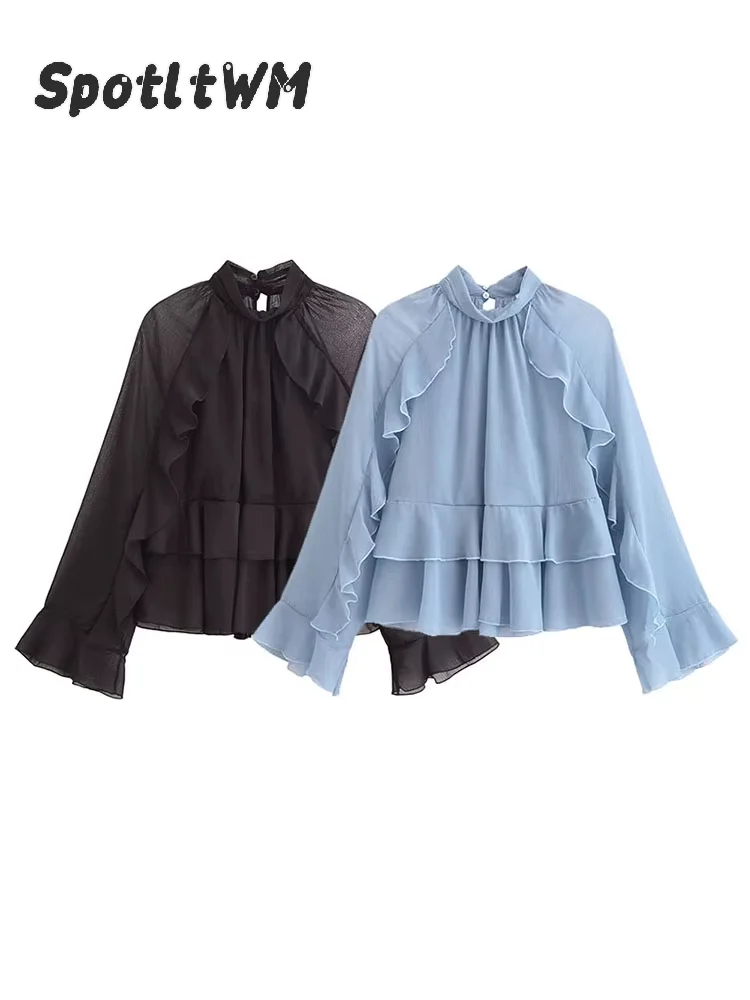 Fashion Temperament Women Ruffle Edge Blouse Chic Stand Up Collar Long Sleeved Shirt Top 2025 Spring New Elegant Lady Short Tops