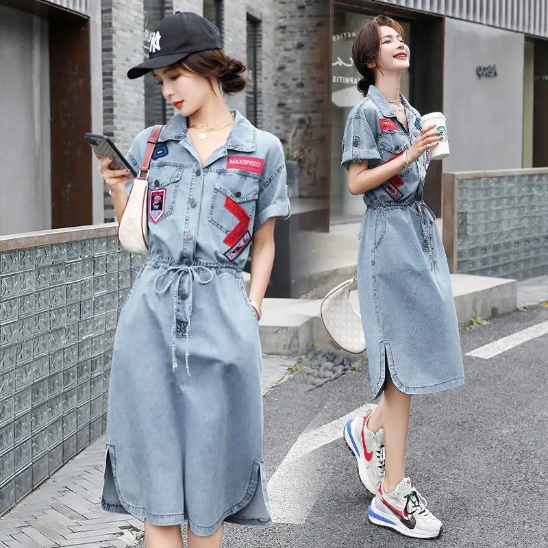 

High-end Luxury Designer Women Denim Dress Retro Harajuku Korean Fashion Party Dresses Single-breasted Shirts Dresses New