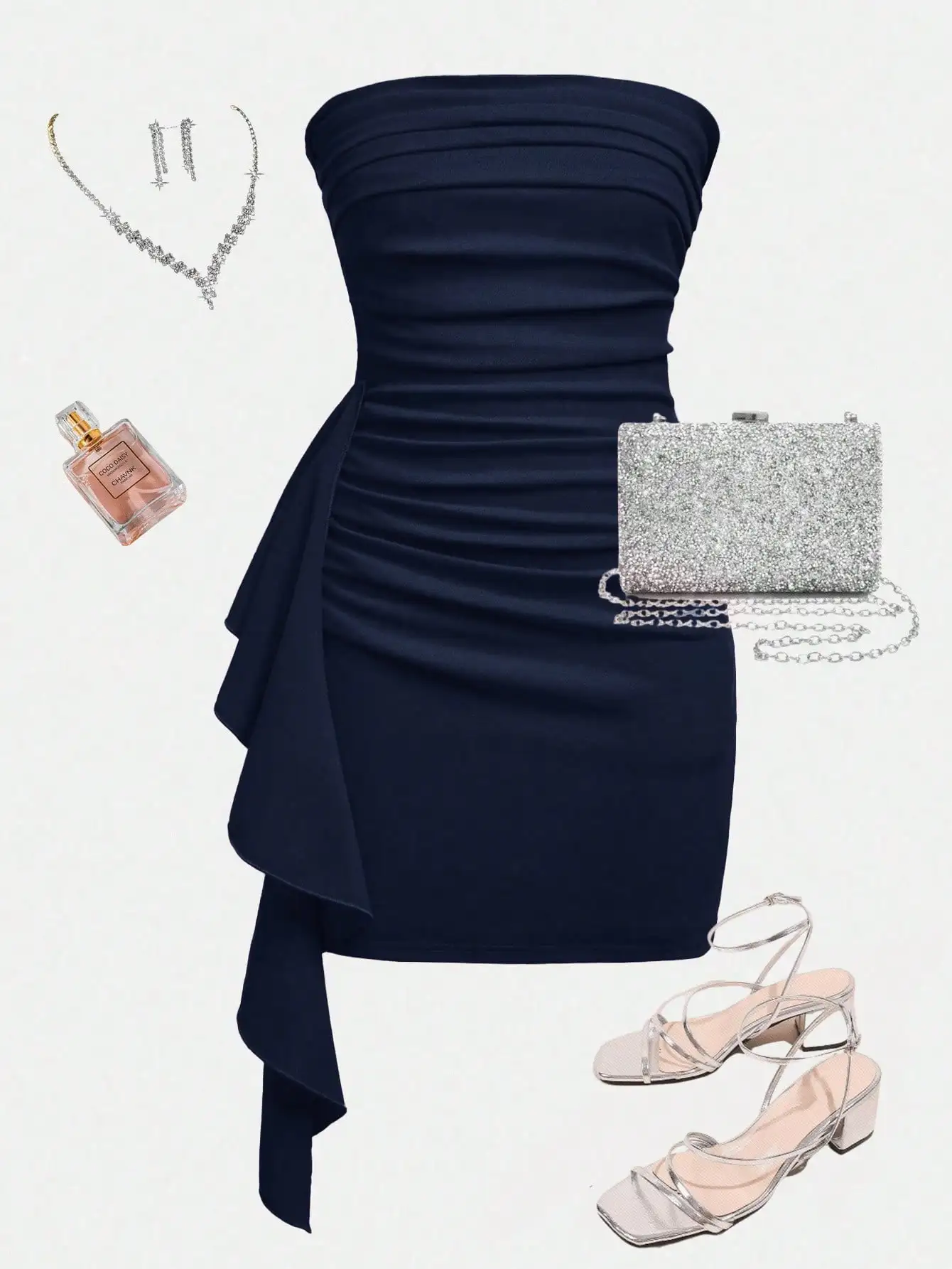 

Elegant Navy Blue Strapless Ruffle Asymmetrical Mini Dress For Party