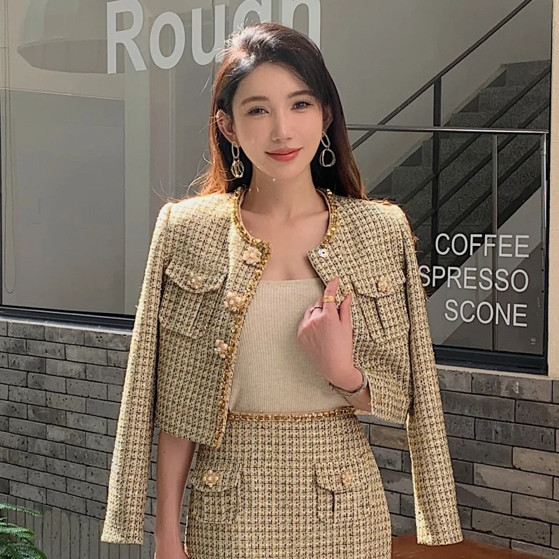 Quality Autumn Winter Clothes Two Piece Set Women\'s Tweed Coat Jacket Bodycon Pencil Dress Midi Long Skirts Short 2pcs Outfits