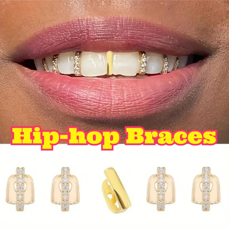 

Hip Hop Gold Plated Teeth Grillz Iced Out Cubic Zirconia Copper Dental Caps Punk Style Funny Fashion Jewelry Cosplay Streetwear