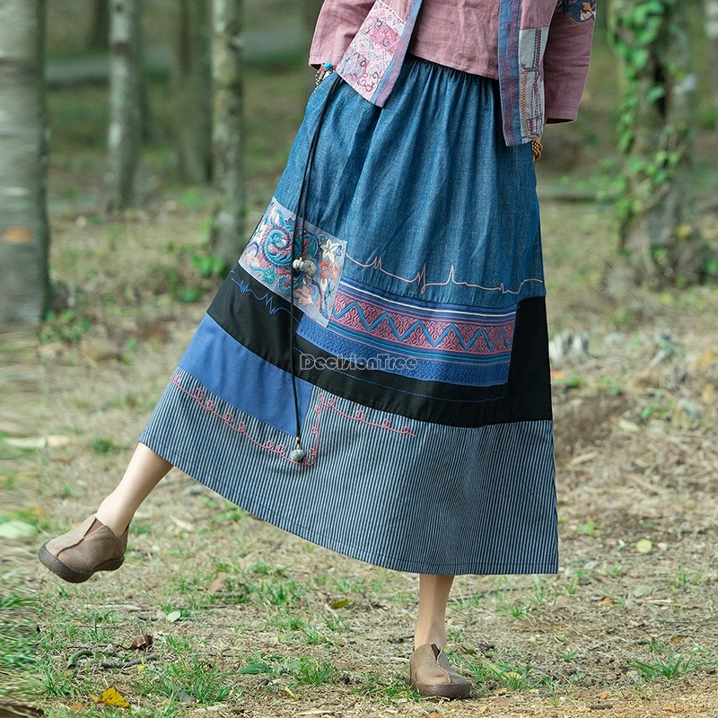 

2025 new women chinese retro ethnic style blue denim skirt embroidery and patchwork design elastic waist fashion long half skirt