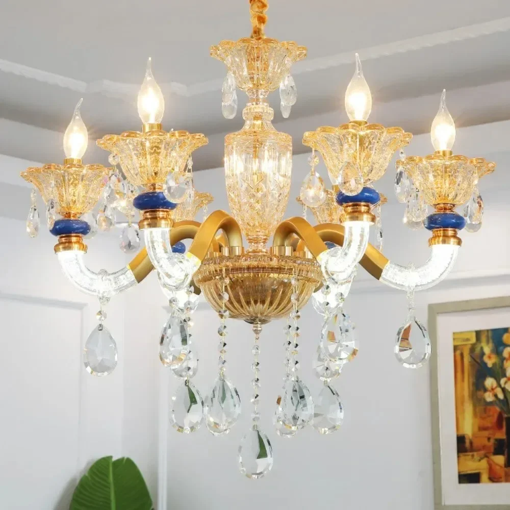 

6-head Luminria Candle Crystal Chandelier Luxury Hotel Lobby Chandelier Golden Lamp Arm Luminous Luster Crystal Pendant Lamp