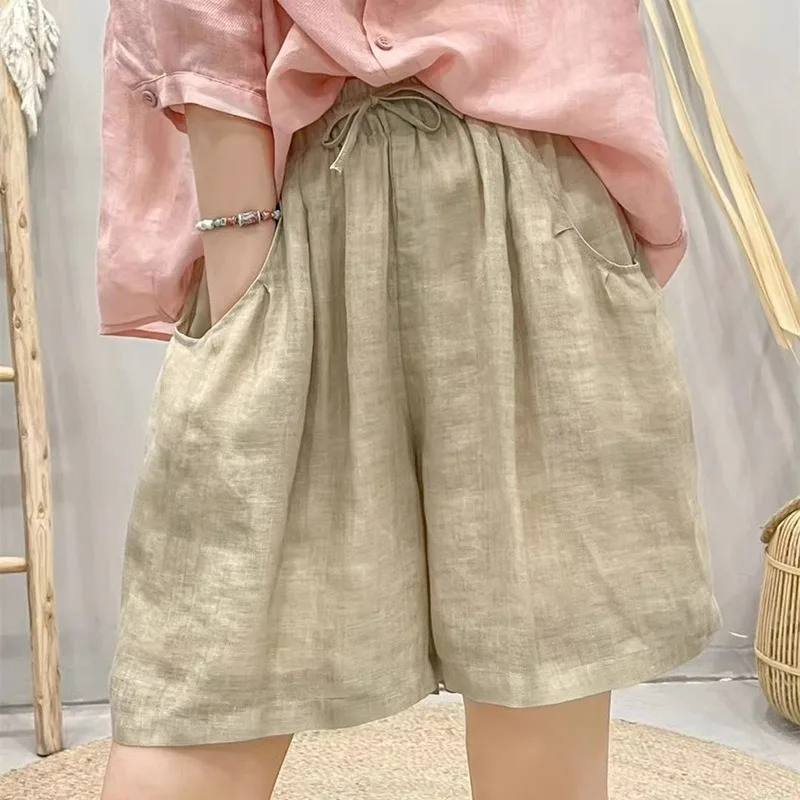 Women's Solid Color Cotton Linen Shorts Summer New Loose Drawstring Waist Casual Knee-Length Pants
