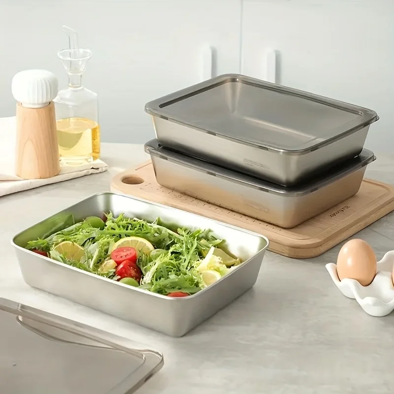 

3PCS Stainless Steel Food Storage Containers with Black Transparent Sealed Lids Stackable for Storage Kitchen Organizer Set