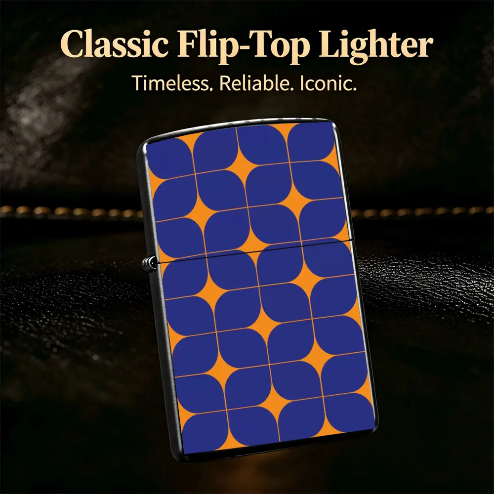 Pocket Lighter, Flip-Top Windproof Design, Metal Shell with Blue and Orange Pattern, Ergonomic Grip, Durable and Reliable - Perfect for Daily Use