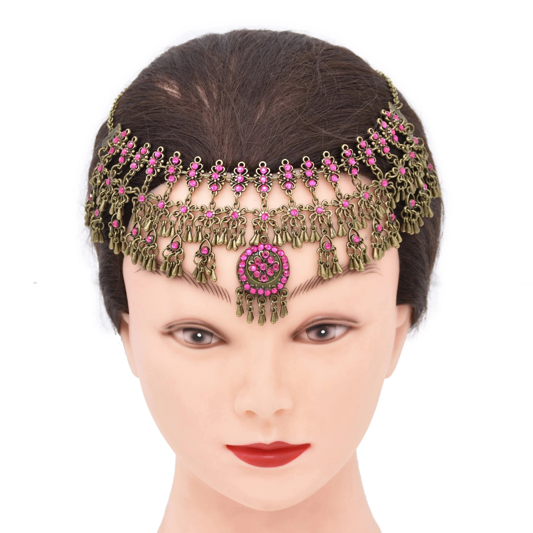 Vintage Bronze Metal Droplet Tassel Rose Red Rhinestone Forehead Hair Accessories for Women India Ethnic Bride Headpiece Jewelry