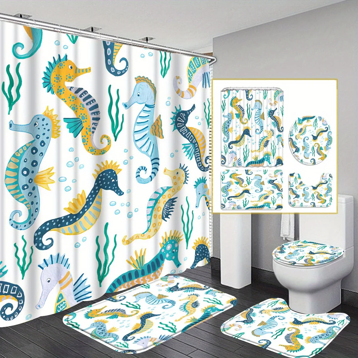 

Seahorse Shower Curtain Set with 12 Hooks - Includes Bath Mat, U-Shaped Toilet Mat, Toilet Lid Cover, and Decorative Curtain for