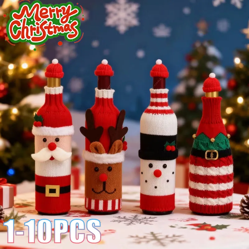 1-10PCS Santa Claus Knitted Wine Bottle Cover Festive Decoration for Wine Party Home Restaurant Table Holiday Celebration Decor