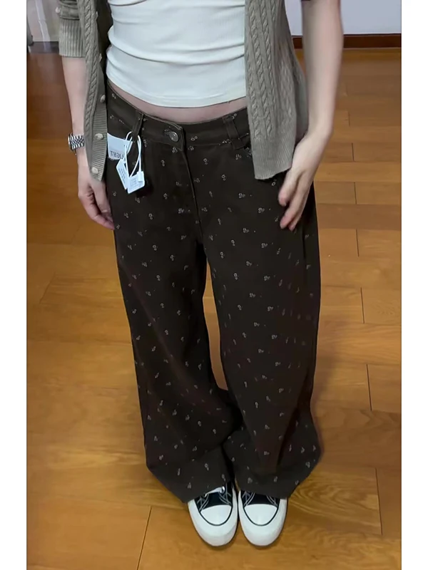 

Ретро-джинсы женские коричневые с цветочным принтом, свободные, прямого кроя, осенне-зимние, новые, с высокой талией, джинсовые брюки в пол