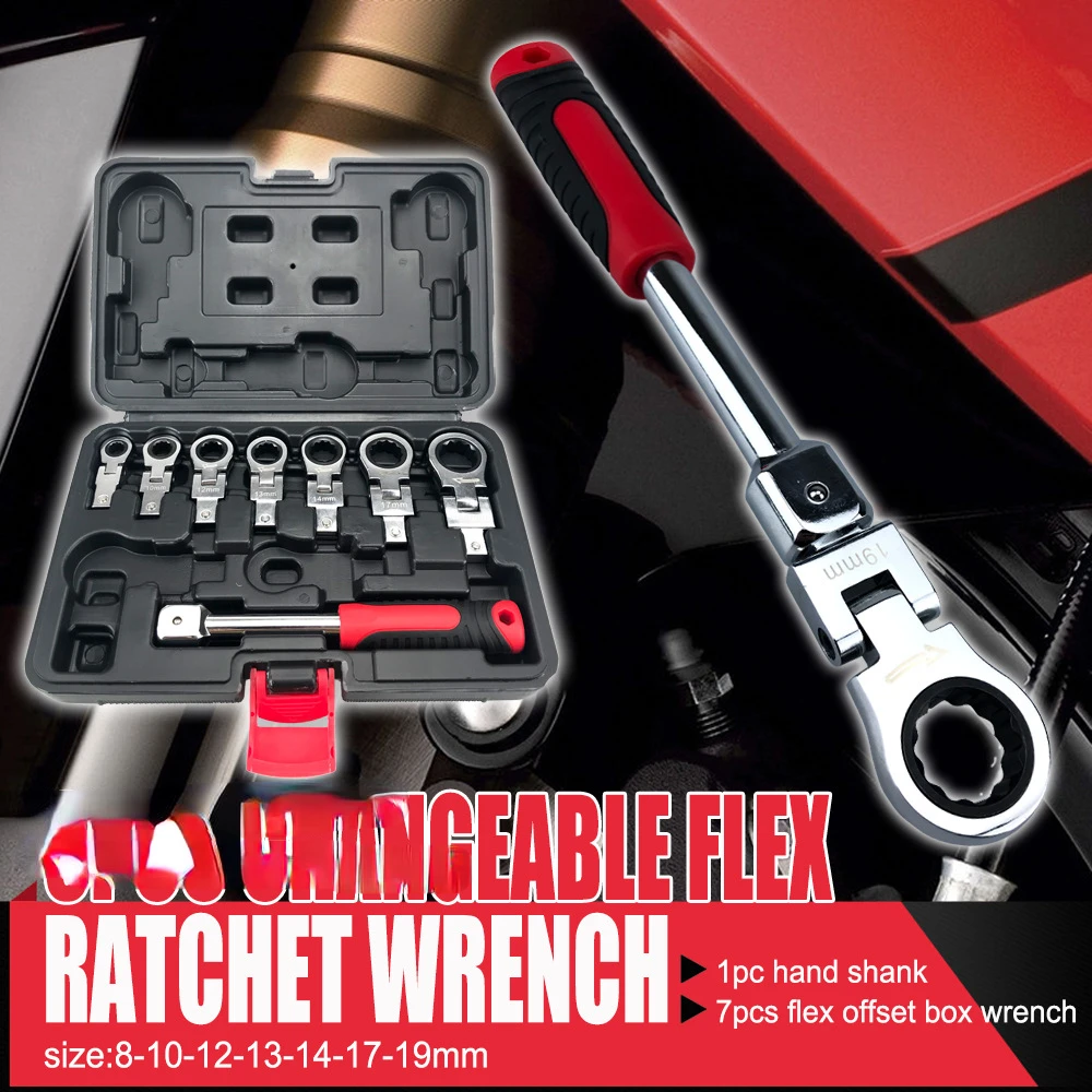 8-Piece Detachable Ratchet Wrench Variable Angle Wrench Portable Tubing Ratchet Wrench