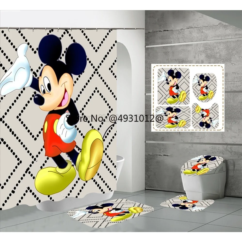 Disney Christmas Mickey Mouse Shower Curtain Waterproof Bathroom Anti-slip Bath Mat Set Toilet Rug Carpet Toilet Lid Cover