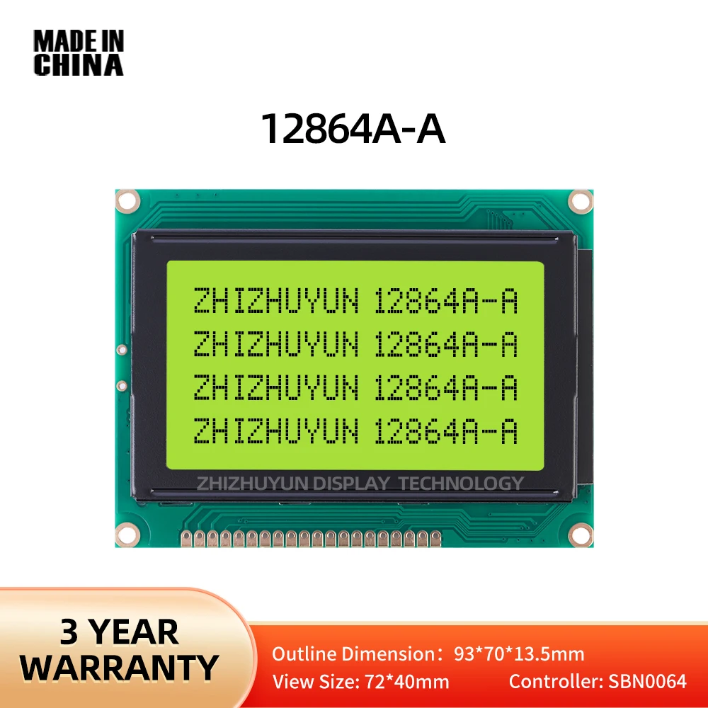 WG12864A-YYH 아두이노 옐로우 그린 멤브레인 LCD 모듈, NT7108C 병렬 포트 LCD12864, 93*70mm, 12864A-A 도트, 20 핀