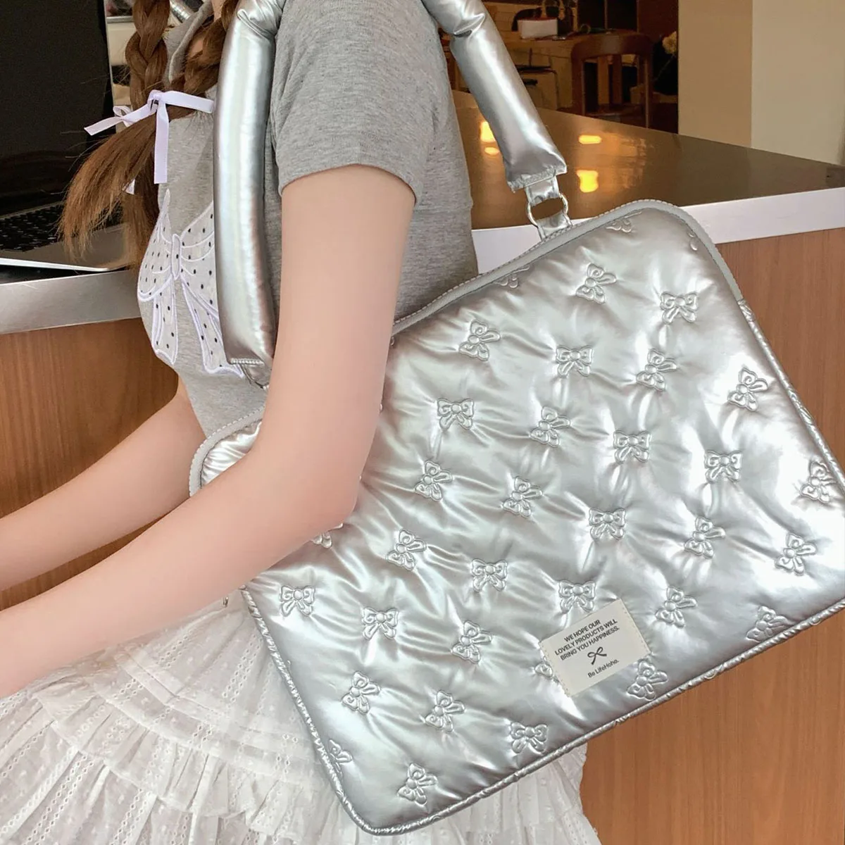 Silver Bow Knont Laptop Bag Korean Y2k Leather Waterproof Tablet PC Laptop Storage Pounch Women Fashions Computer Shoulder Bag