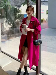 Spring Autumn Women's Temperament Black Red Wine Windbreaker Women Long Over Knee England Style Double Breasted Trench