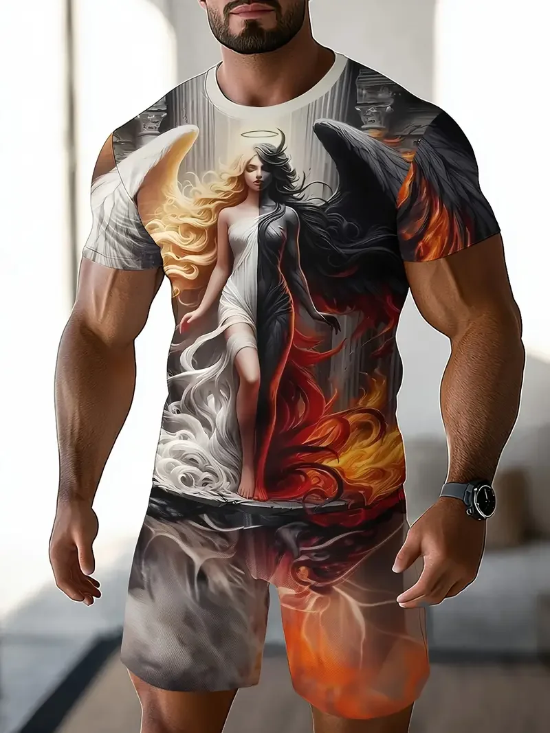 Retro Casual Sports Set with 3D Printed Pattern, Men's Summer Short Sleeved Round Neck T-shirt Color Blocking Set