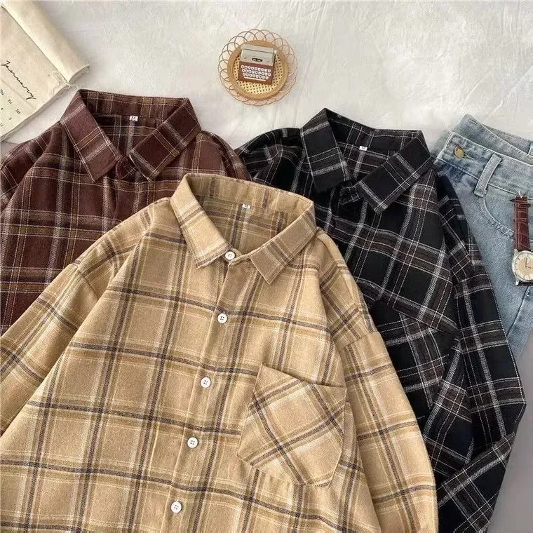 CHAXIAOA Vintage Women Plaid Shirts Autumn Long Sleeve Oversize Button Up Tops Korean Loose Casual Fall Outwear Femme Shirts