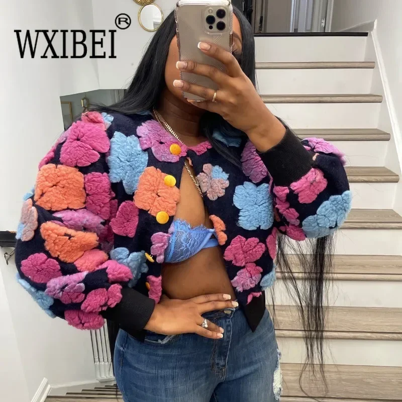 WXIBEI Cotton Rib Knit Sweater for Woman 3D Flower Single-breasted Cardigan Coat Street Temperament Casual Pull Hiver Femme