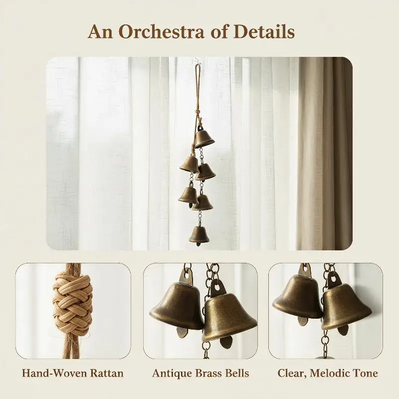 Vintage Brass Hanging Bells Hand Polished Rustic Retro Clear Melodic Chime Wall Hanging Decor for Home Garden Holiday Gifts