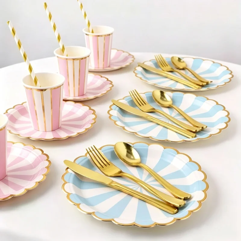 Einweg-Party-Pappteller und -Becher, Geburtstagsdekoration, Bunte Geschirrsets für Babyparty, Hochzeit, Camping und Picknick – Detail 4