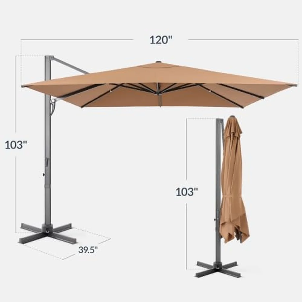 10x10ft Cantilever Patio Umbrella 5 Year Fade Resistant 260 GSM Canopy Smooth Tilt Adjustment and Aluminum Frame Tan