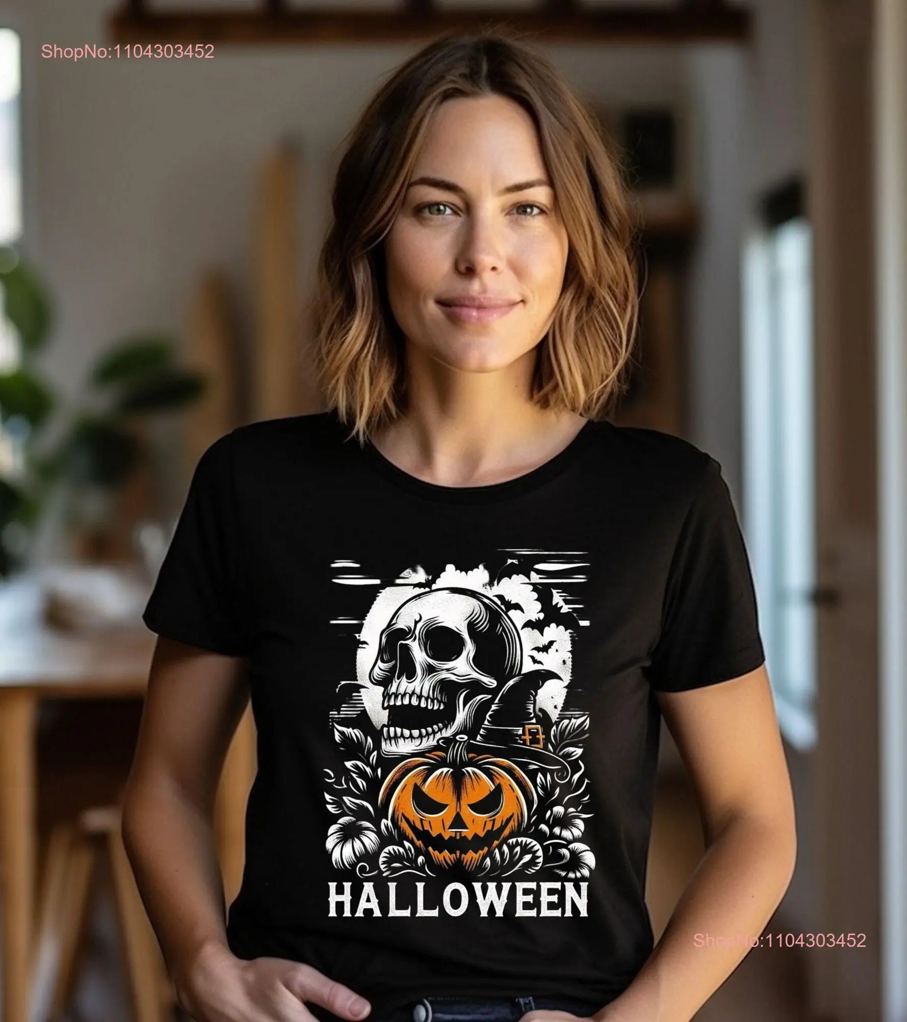 Spooky Skull T Shirt Creepy Halloween and Pumpkin Scarry tee skeleton long or short sleeves