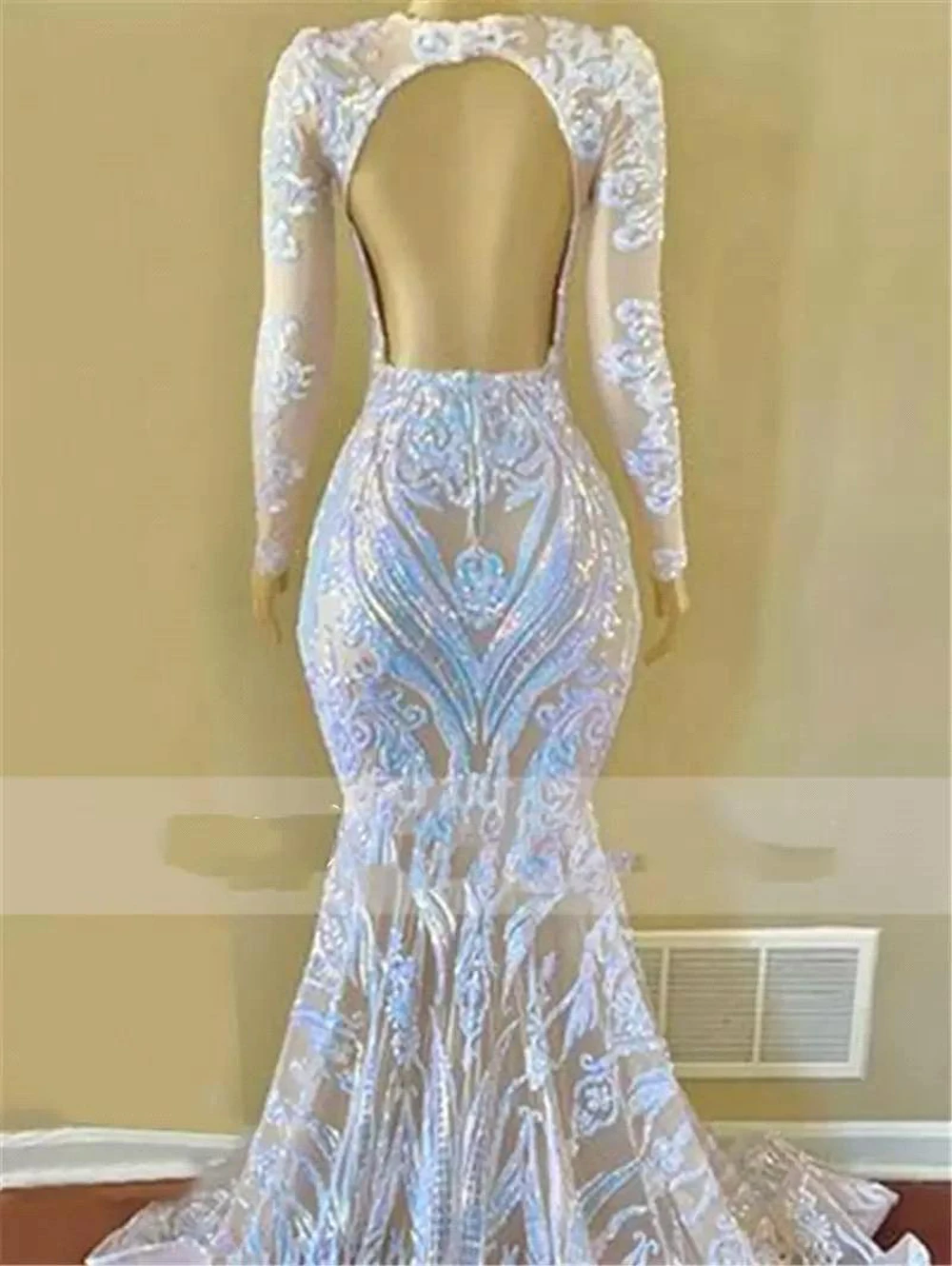 Brilhante lantejoulas vestido de baile renda manga longa o pescoço sereia sem costas formal festa de casamento vestido de noite feito sob encomenda