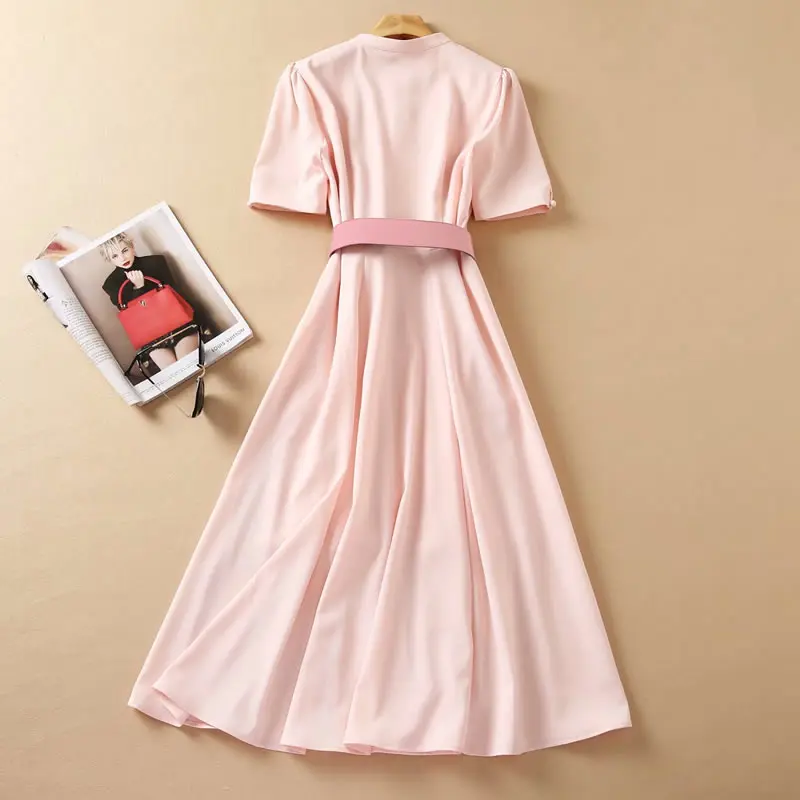 Imagem -04 - Princesa Kate Pink Solid Manga Curta A-line Vestidos com Cinto Vestido Elegante 81503