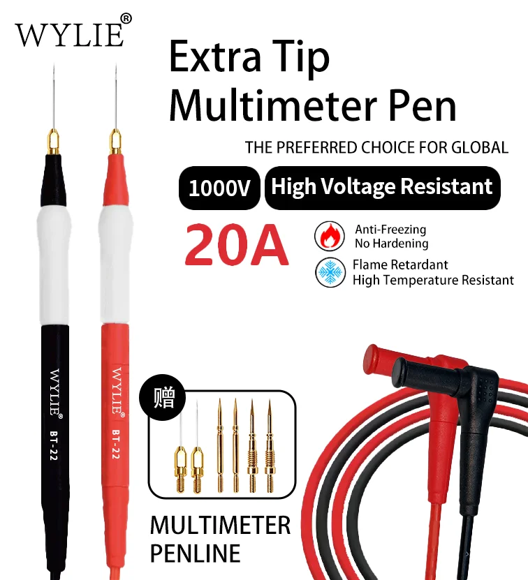 WYLIE BT-22 Precision Extra Tip Multimeter Pen Set 1000V 20A with 3 Replaceable Steel Pins for Phone Motherboard SMD PCB Repair