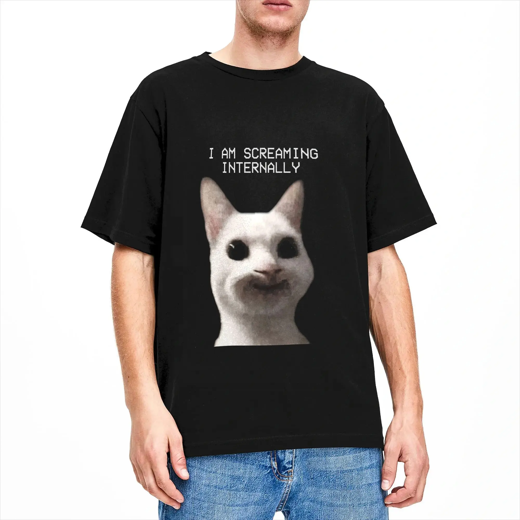 Title I Am Screaming Internally T-Shirt Summer  Y2K Basic T-Shirts Pure Cotton Harajuku Tshirt For Men Print Tees