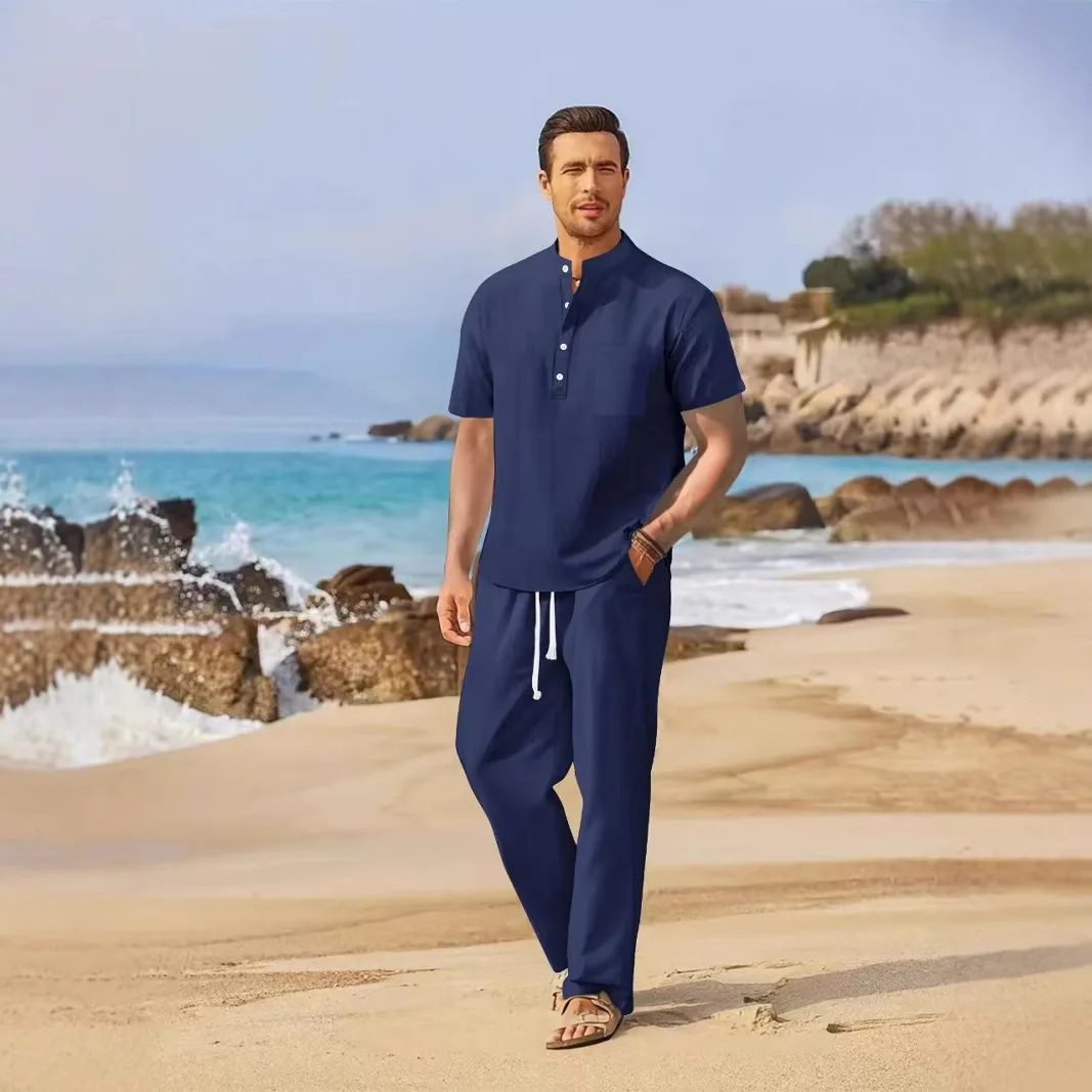 2026 Sommer Herren Einfarbiges Baumwoll-Leinen Zweiteiler-Set Henley Kurzarm-Hemd Lose Gerade Hose Atmungsaktiv Alltag Urlaub Freizeit – Detail 6