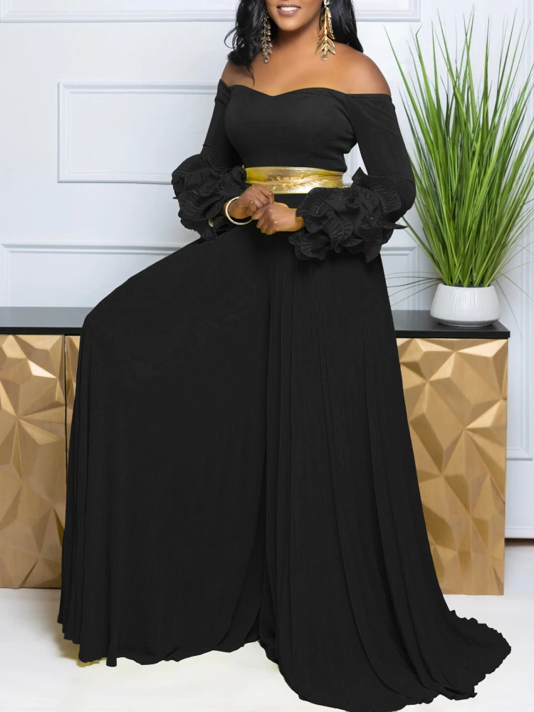 Elegant Pleated Jumpsuit 2025 New Fashionable One-piece Collar Ruffled Sleeves Solid Color Pleated Wide Leg African Jumpsuit