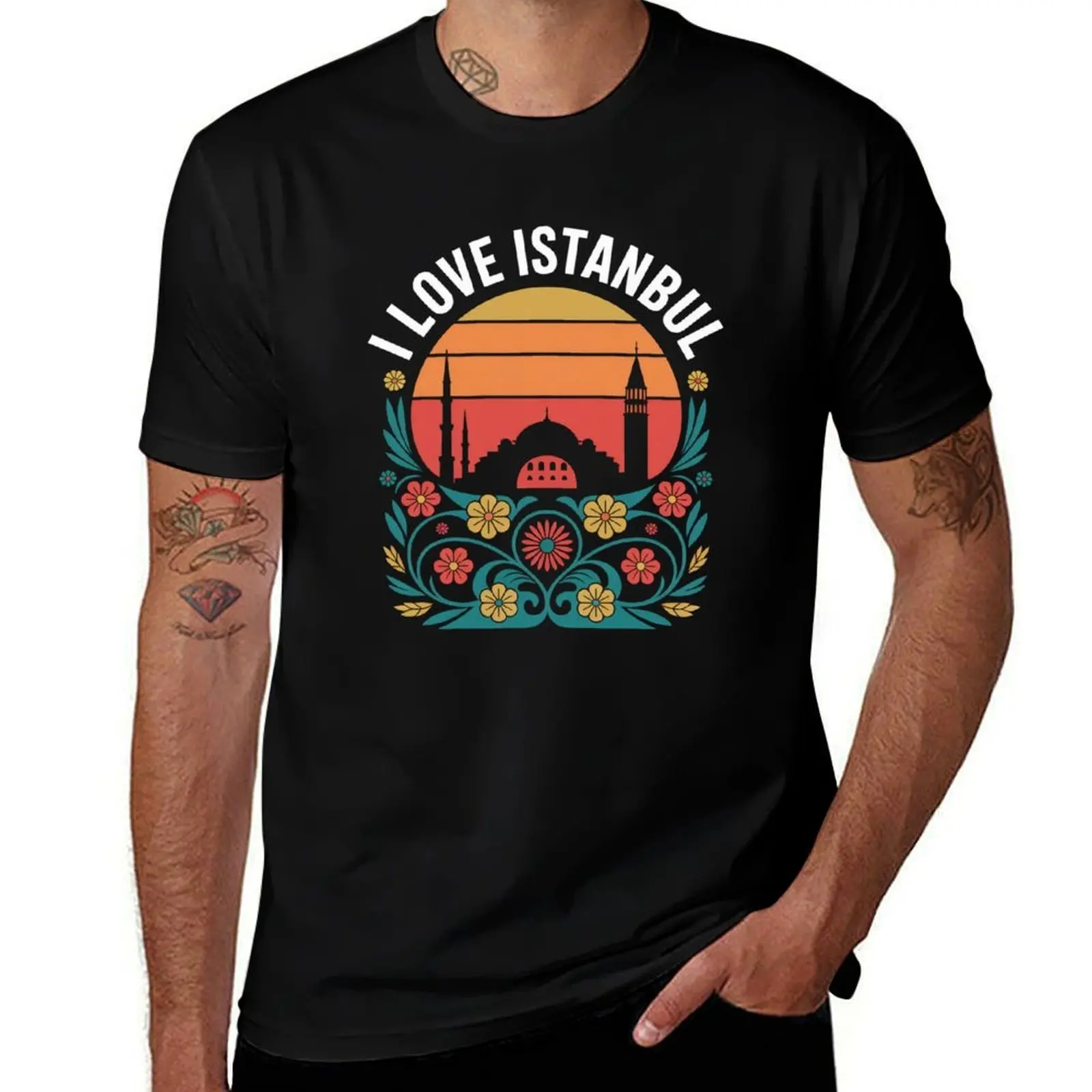 

I Love Istanbul Sunset Silhouette with Floral Motif T-Shirt man clothes essential t shirt boys whites t shirt men