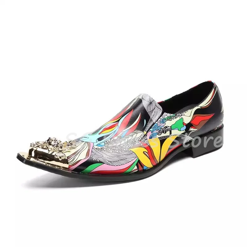 Colorful Graffiti Prints Metal Toe Splicing Leather Shoes for Men Fashion Chunky Heel Shallow Slip-On Loafers Male Party Shoes