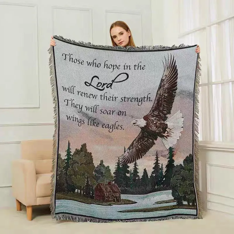 

Eagle Forest Landscape Woven Throw Blanket Christian Bible Verse Tassel Blanket Soft Cozy for Camping Home Decor Art Tapestry