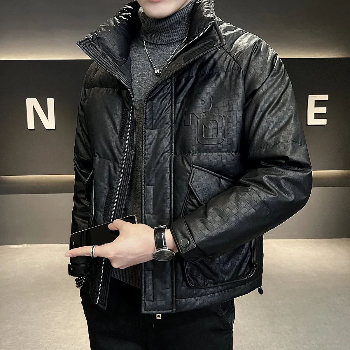 High-end Luxury PU Leather Down Jacket Men Clothing Warm White Duck Down Windproof Coat Short Tops Long Sleeve Outerwear Trend