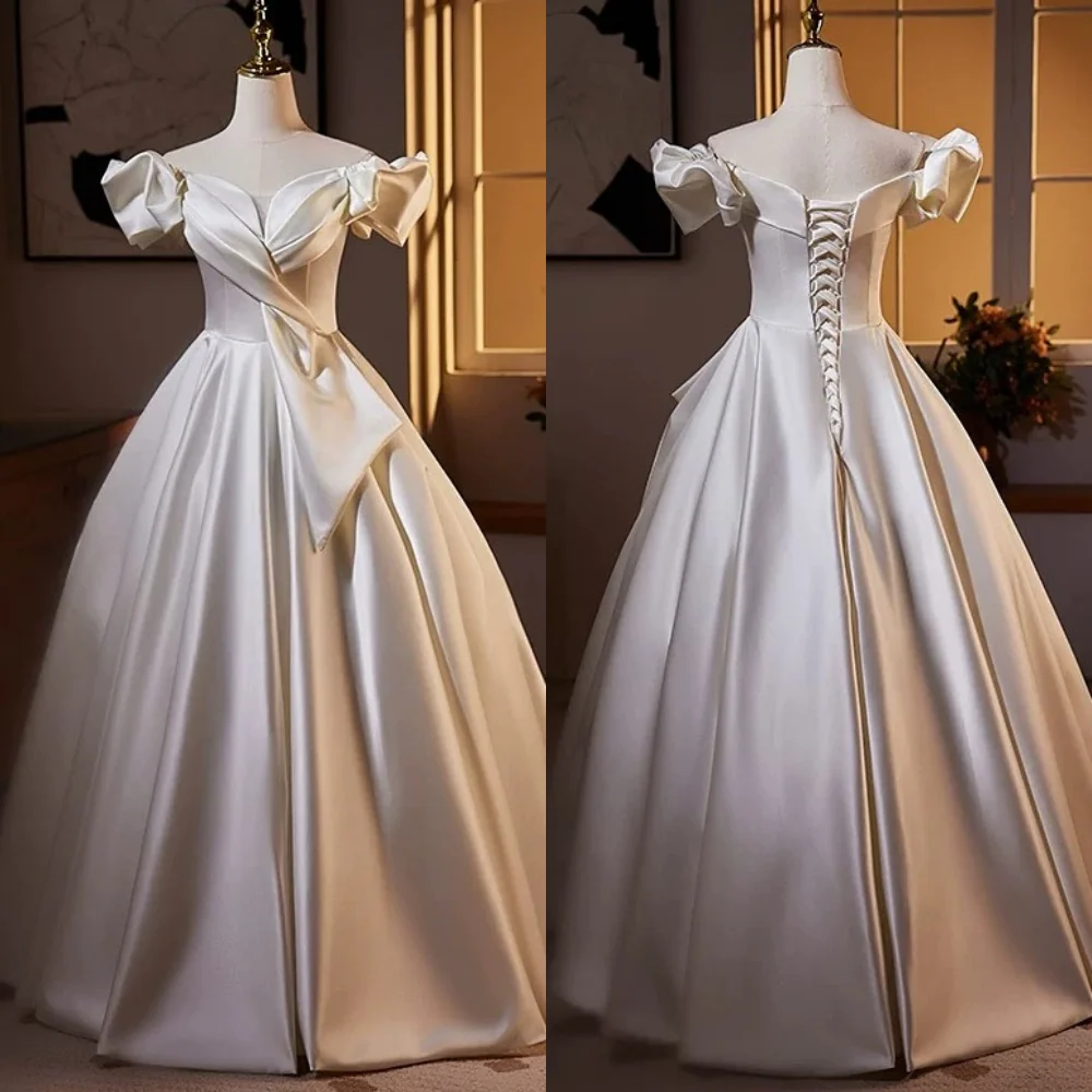 

Customized Elegant Exquisite Charmeuse Pleat A-line Off-the-shoulder Long Dresses Bespoke Occasion Matching
