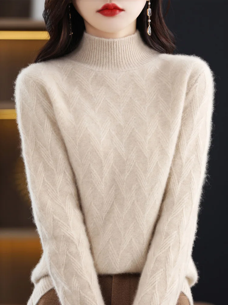 Women Winter Sweater Mock Neck Long Sleeve Thick Pullover 100% Merino Wool Twist Solid Cashmere Knitted Jumper Korean Fashion