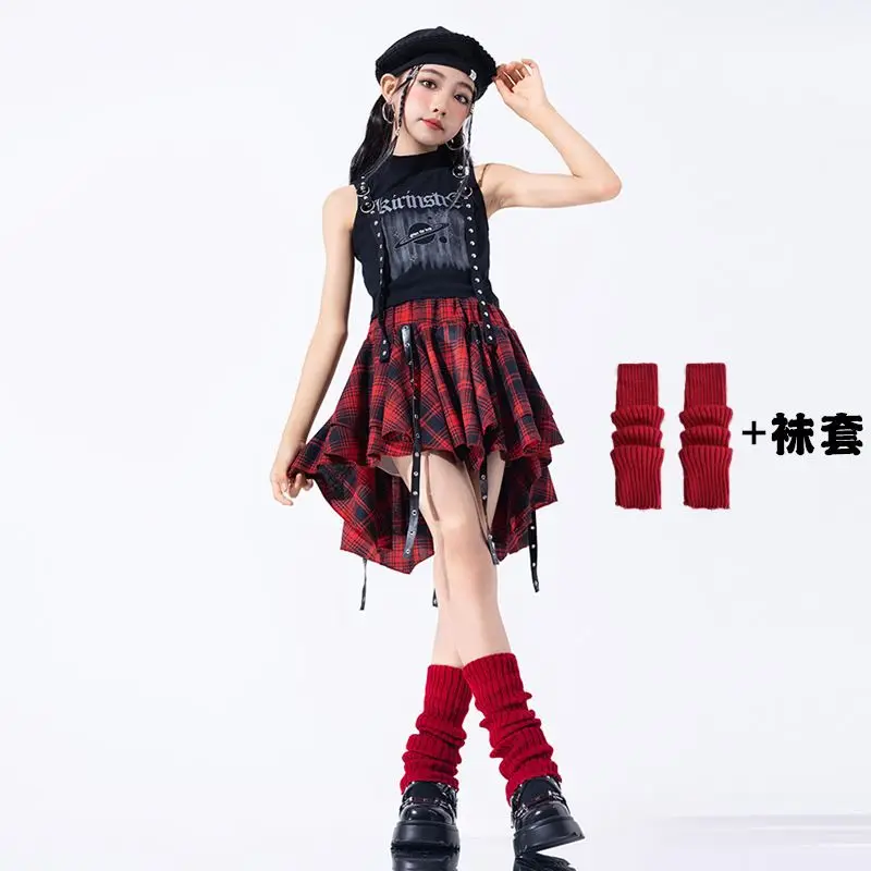 Hip Hop Girls Crop Top Plaid Street Dance Skirt Kids Ribbon Pleated Skirts Teens Jazz Cool Costumes Child Streetwear Clothes Set