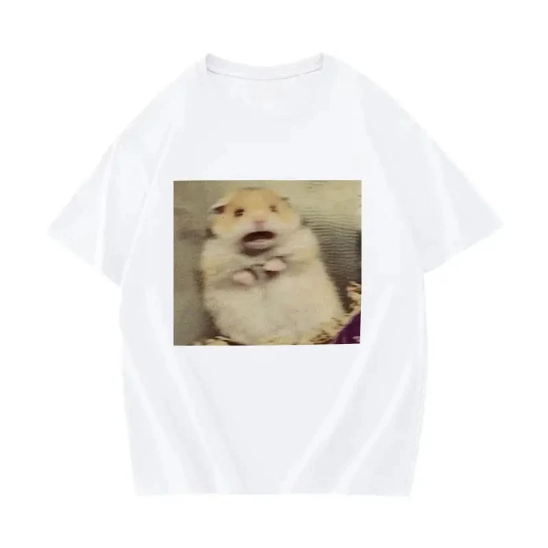 Funny Scared Hamster Meme Graphic Printed T-Shirt Women Men Round-Neck Fashion Short Sleeve T Shirt Retro Clothing
