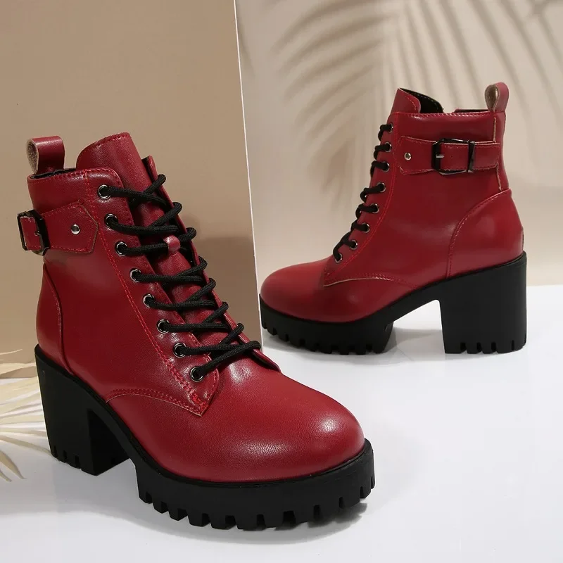 Super-High-Heel-Plateauschuhe für Damen, Herbst/Winter 2022, neue modische Schnürstiefel mit Blockabsatz