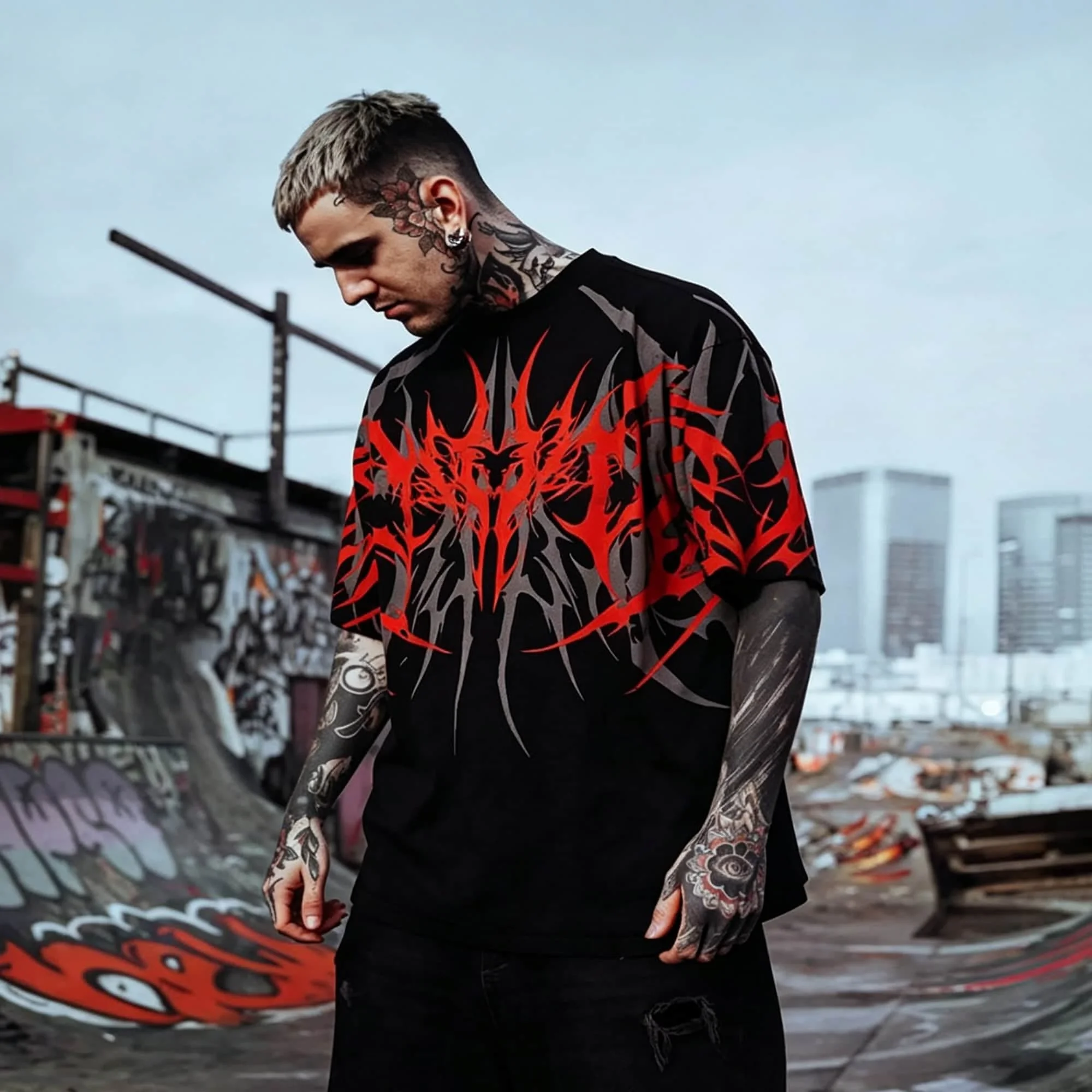 Street Skate Oversized Sport T Shirt For Men Black Base Red Grey Thorn Sharp Line Print Crew Neck Loose Fit Breathable Daily Hip